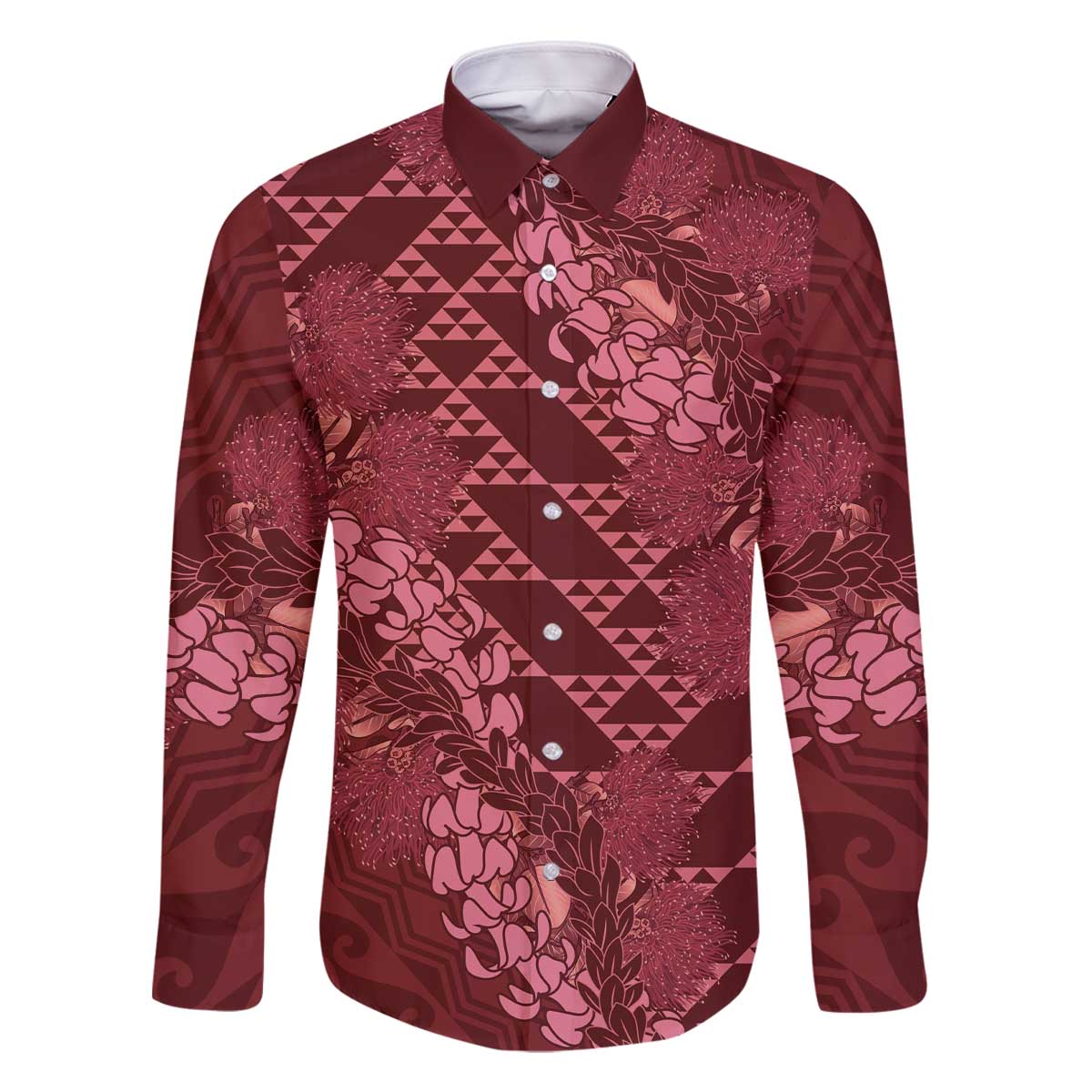 Maroon Aloha Hawaii Family Matching Off The Shoulder Long Sleeve Dress and Hawaiian Shirt Hawaiian Kakau Ohia Lehua Lei LT14 Dad's Shirt - Long Sleeve Maroon - Polynesian Pride