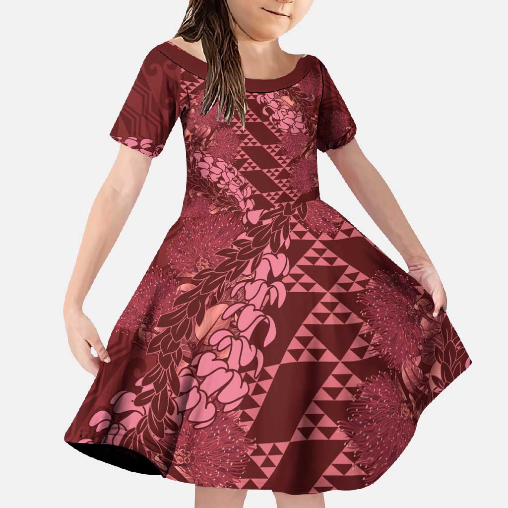 Maroon Aloha Hawaii Family Matching Off Shoulder Maxi Dress and Hawaiian Shirt Hawaiian Kakau Ohia Lehua Lei LT14 Daughter's Dress Maroon - Polynesian Pride
