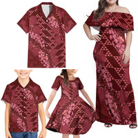 Maroon Aloha Hawaii Family Matching Off Shoulder Maxi Dress and Hawaiian Shirt Hawaiian Kakau Ohia Lehua Lei LT14 - Polynesian Pride