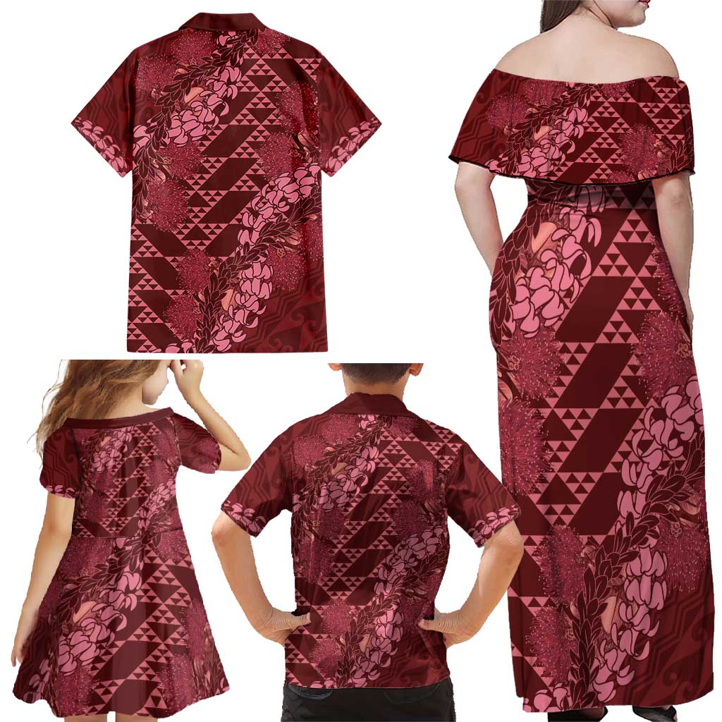 Maroon Aloha Hawaii Family Matching Off Shoulder Maxi Dress and Hawaiian Shirt Hawaiian Kakau Ohia Lehua Lei LT14 - Polynesian Pride