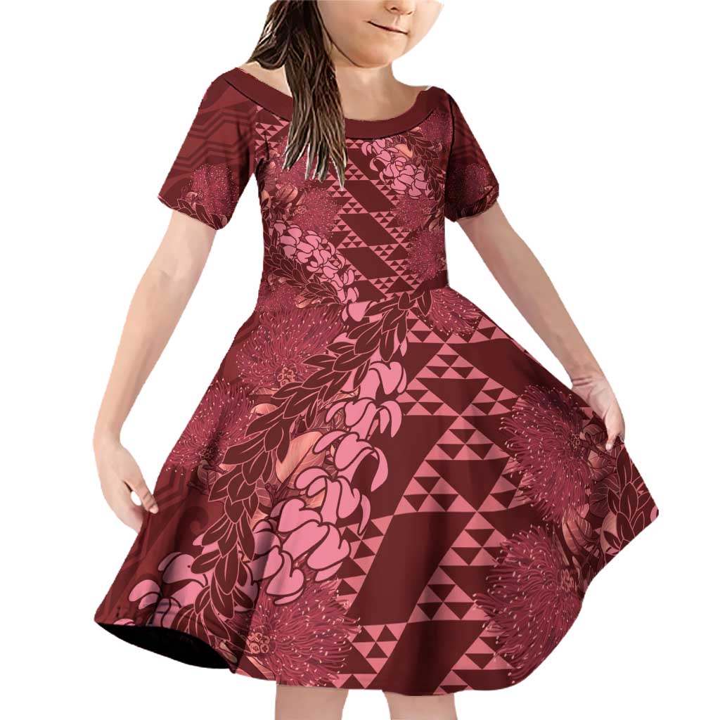 Maroon Aloha Hawaii Family Matching Off Shoulder Short Dress and Hawaiian Shirt Hawaiian Kakau Ohia Lehua Lei LT14 Daughter's Dress Maroon - Polynesian Pride