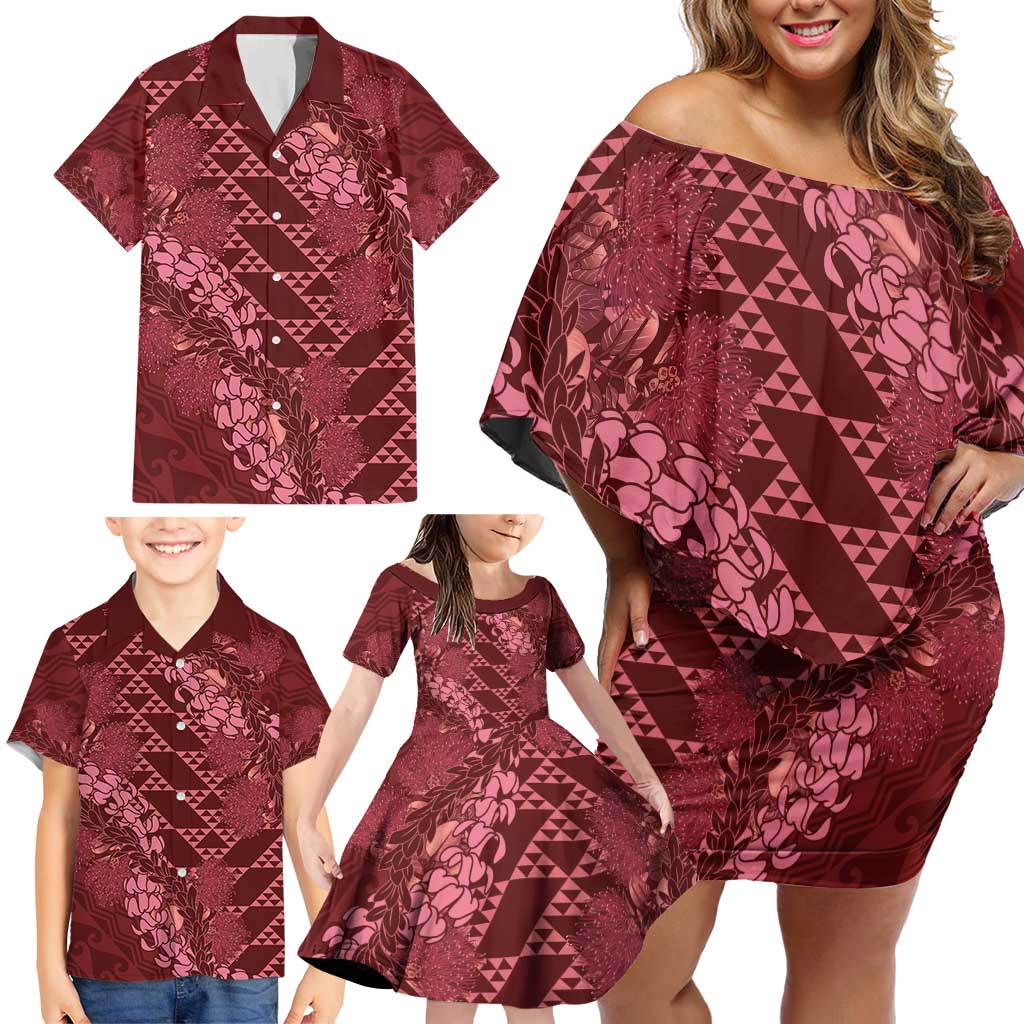 Maroon Aloha Hawaii Family Matching Off Shoulder Short Dress and Hawaiian Shirt Hawaiian Kakau Ohia Lehua Lei LT14 - Polynesian Pride