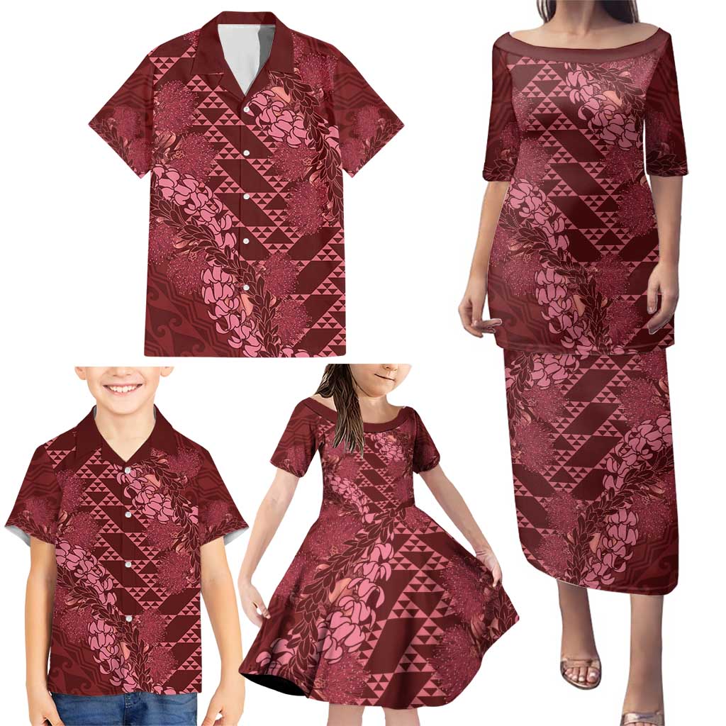 Maroon Aloha Hawaii Family Matching Puletasi and Hawaiian Shirt Hawaiian Kakau Ohia Lehua Lei LT14 - Polynesian Pride