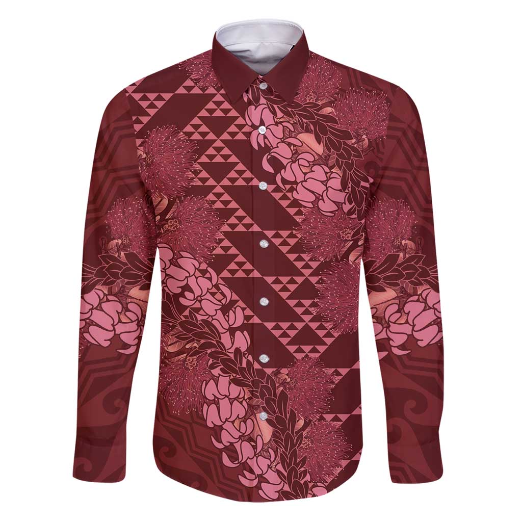 Maroon Aloha Hawaii Family Matching Puletasi and Hawaiian Shirt Hawaiian Kakau Ohia Lehua Lei LT14 Dad's Shirt - Long Sleeve Maroon - Polynesian Pride