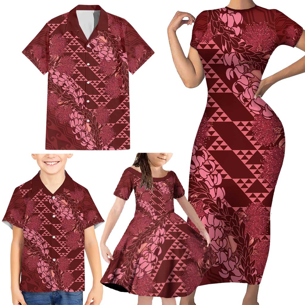 Maroon Aloha Hawaii Family Matching Short Sleeve Bodycon Dress and Hawaiian Shirt Hawaiian Kakau Ohia Lehua Lei LT14 - Polynesian Pride
