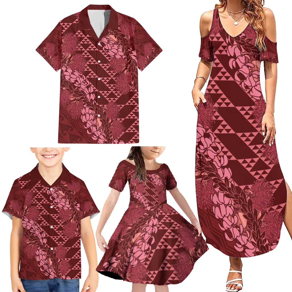 Maroon Aloha Hawaii Family Matching Summer Maxi Dress and Hawaiian Shirt Hawaiian Kakau Ohia Lehua Lei LT14 - Polynesian Pride