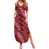 Maroon Aloha Hawaii Family Matching Summer Maxi Dress and Hawaiian Shirt Hawaiian Kakau Ohia Lehua Lei LT14 Mom's Dress Maroon - Polynesian Pride