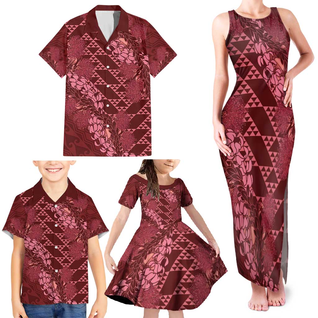 Maroon Aloha Hawaii Family Matching Tank Maxi Dress and Hawaiian Shirt Hawaiian Kakau Ohia Lehua Lei LT14 - Polynesian Pride