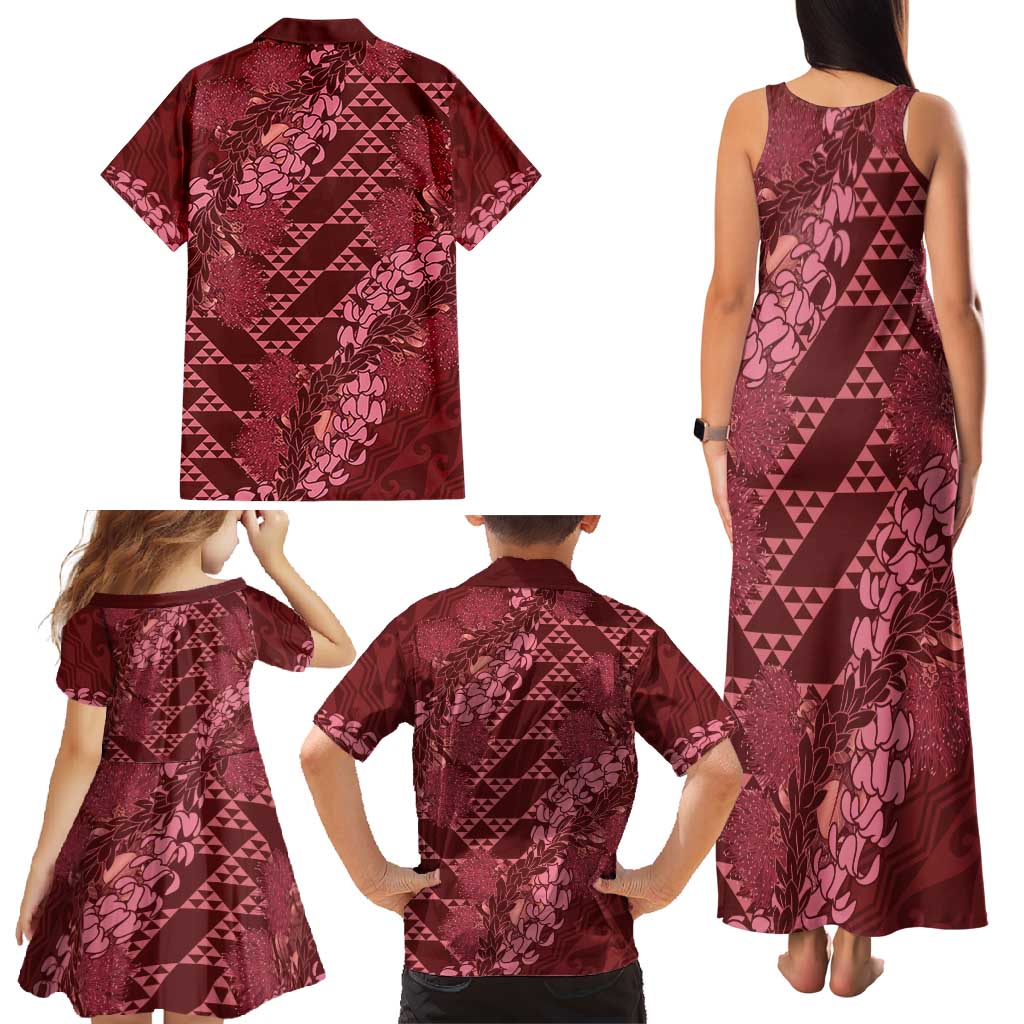 Maroon Aloha Hawaii Family Matching Tank Maxi Dress and Hawaiian Shirt Hawaiian Kakau Ohia Lehua Lei LT14 - Polynesian Pride