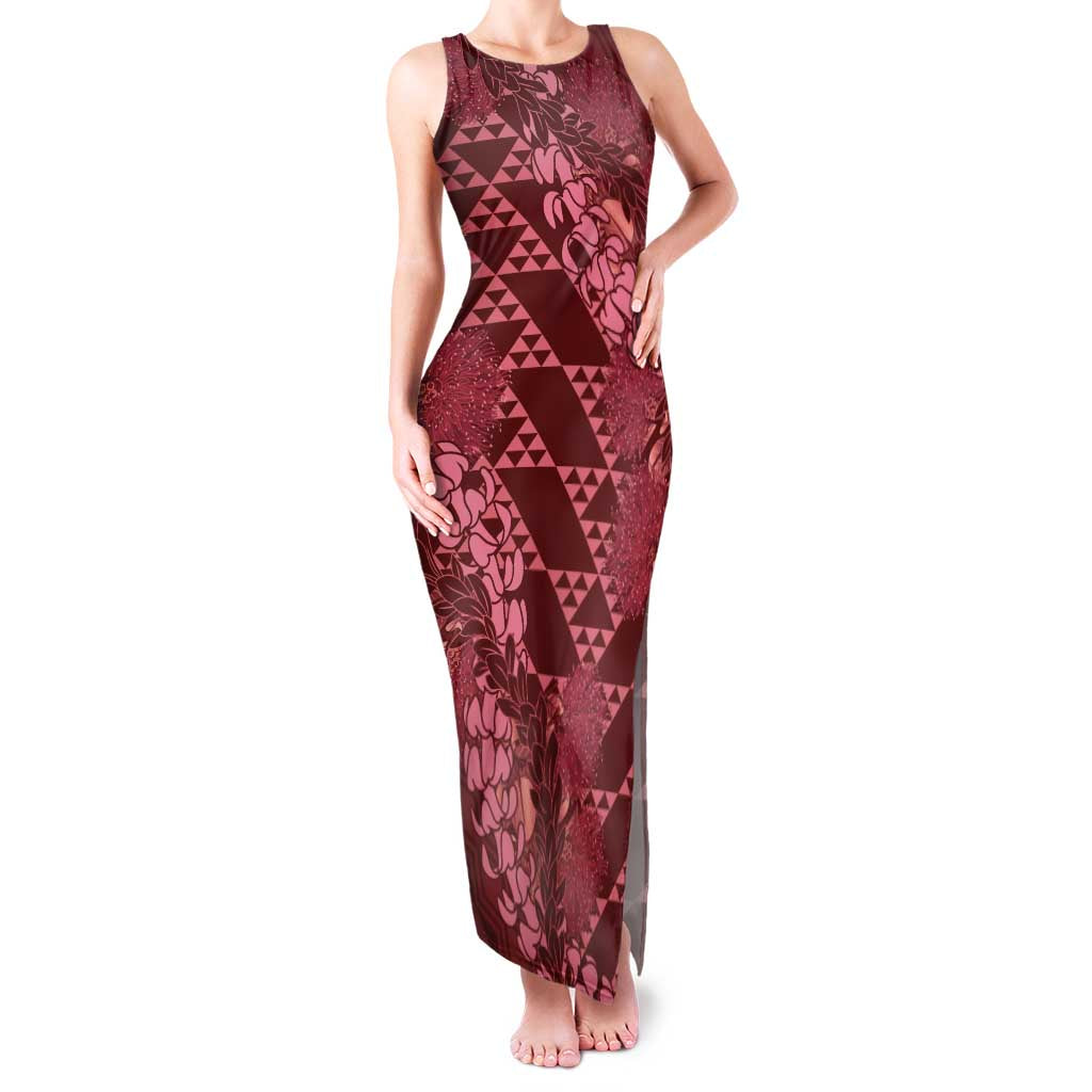 Maroon Aloha Hawaii Family Matching Tank Maxi Dress and Hawaiian Shirt Hawaiian Kakau Ohia Lehua Lei LT14 Mom's Dress Maroon - Polynesian Pride