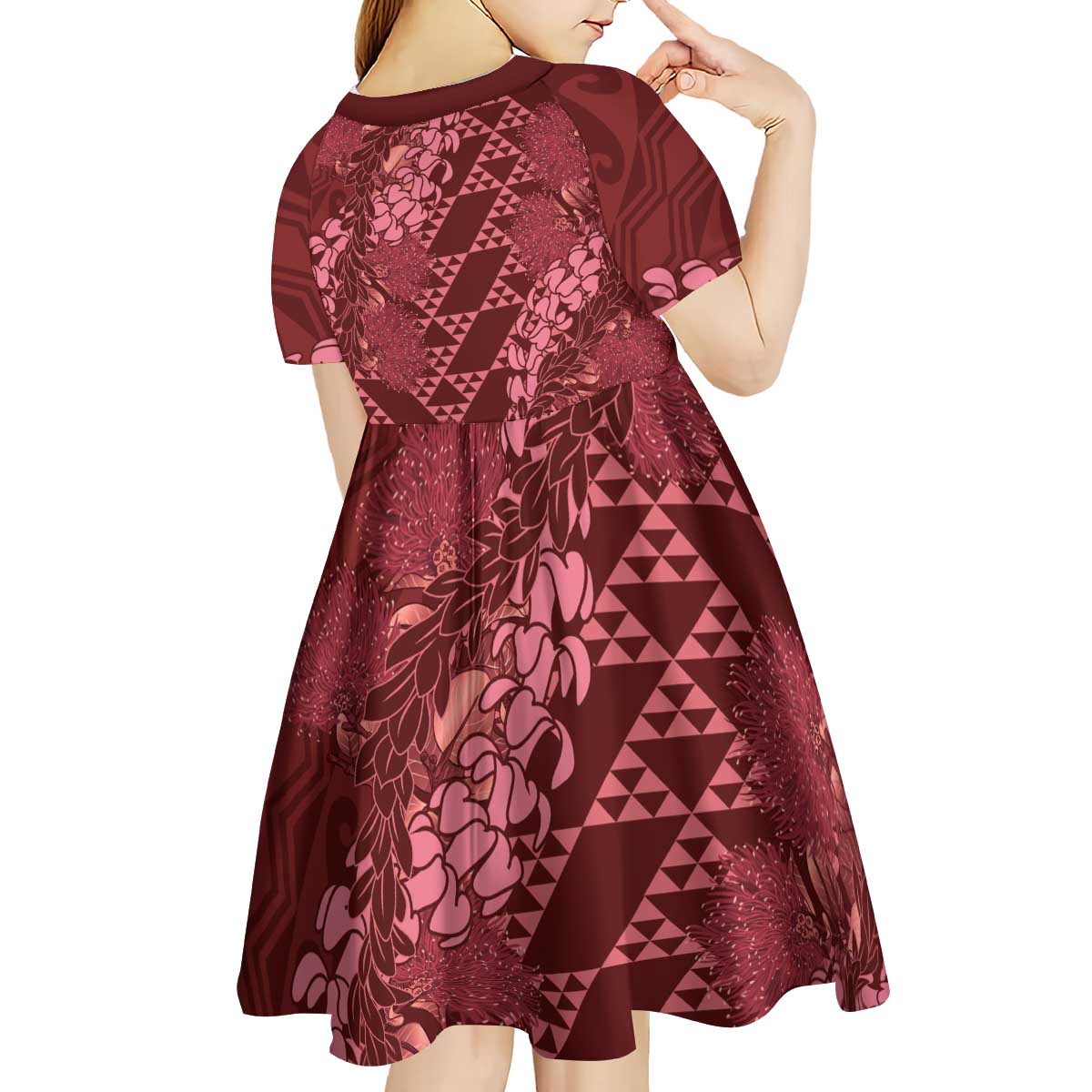Maroon Aloha Hawaii Kid Short Sleeve Dress Hawaiian Kakau Ohia Lehua Lei LT14 - Polynesian Pride