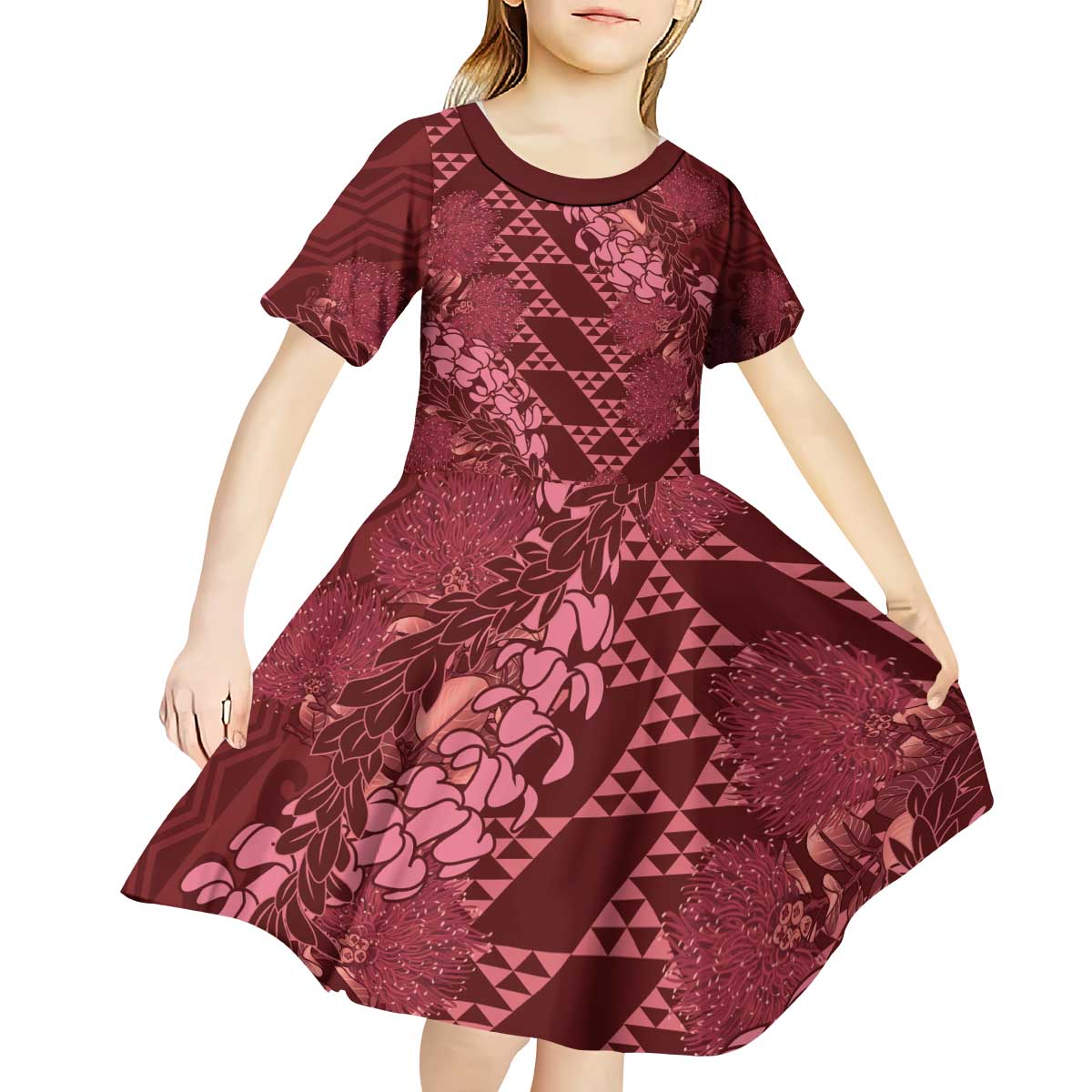 Maroon Aloha Hawaii Kid Short Sleeve Dress Hawaiian Kakau Ohia Lehua Lei LT14 - Polynesian Pride