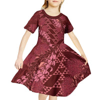 Maroon Aloha Hawaii Kid Short Sleeve Dress Hawaiian Kakau Ohia Lehua Lei LT14 - Polynesian Pride