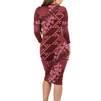 Maroon Aloha Hawaii Long Sleeve Bodycon Dress Hawaiian Kakau Ohia Lehua Lei LT14 - Polynesian Pride