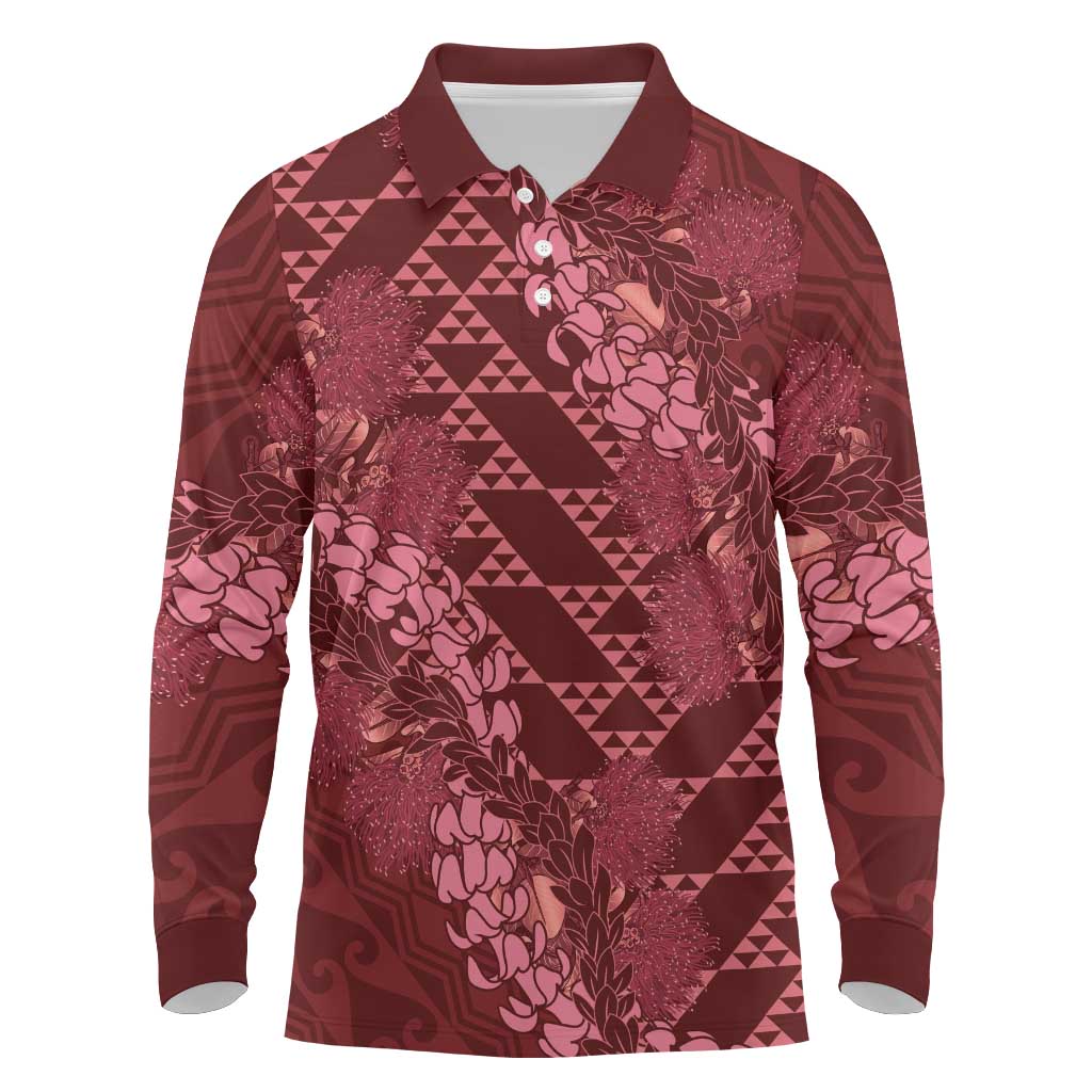 Maroon Aloha Hawaii Long Sleeve Polo Shirt Hawaiian Kakau Ohia Lehua Lei LT14 Maroon - Polynesian Pride