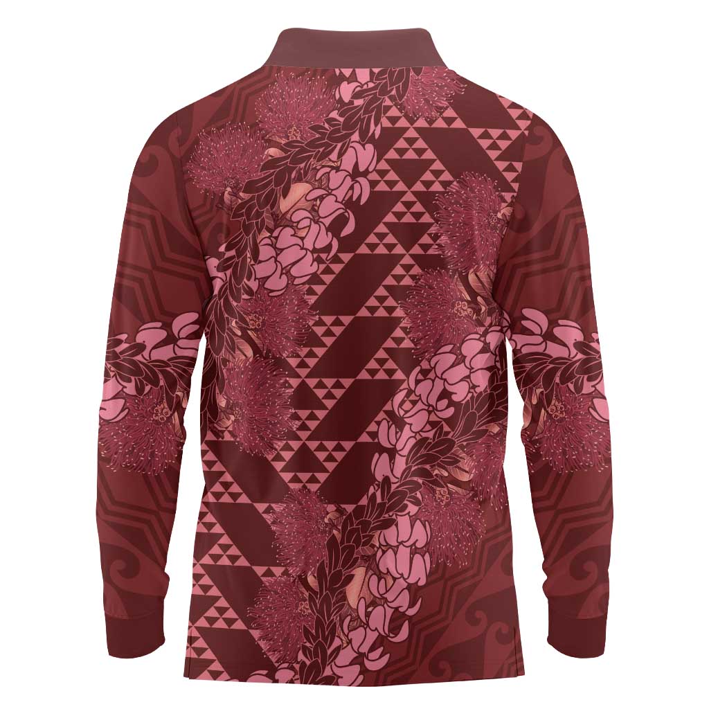 Maroon Aloha Hawaii Long Sleeve Polo Shirt Hawaiian Kakau Ohia Lehua Lei LT14 - Polynesian Pride