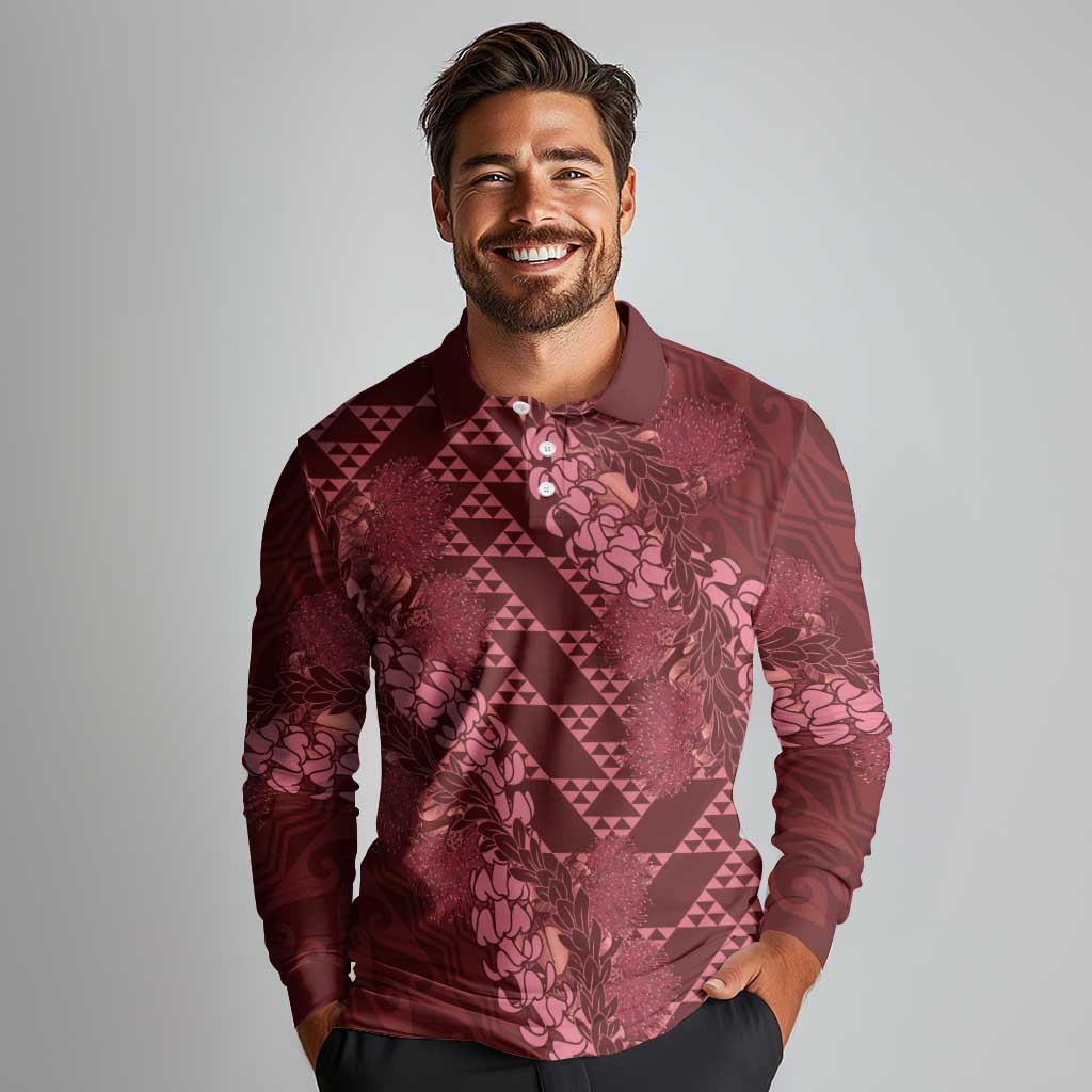 Maroon Aloha Hawaii Long Sleeve Polo Shirt Hawaiian Kakau Ohia Lehua Lei LT14 - Polynesian Pride