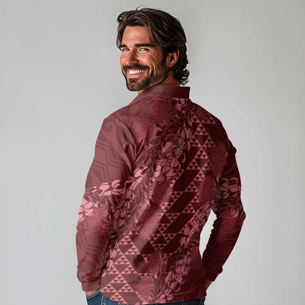 Maroon Aloha Hawaii Long Sleeve Polo Shirt Hawaiian Kakau Ohia Lehua Lei LT14 - Polynesian Pride
