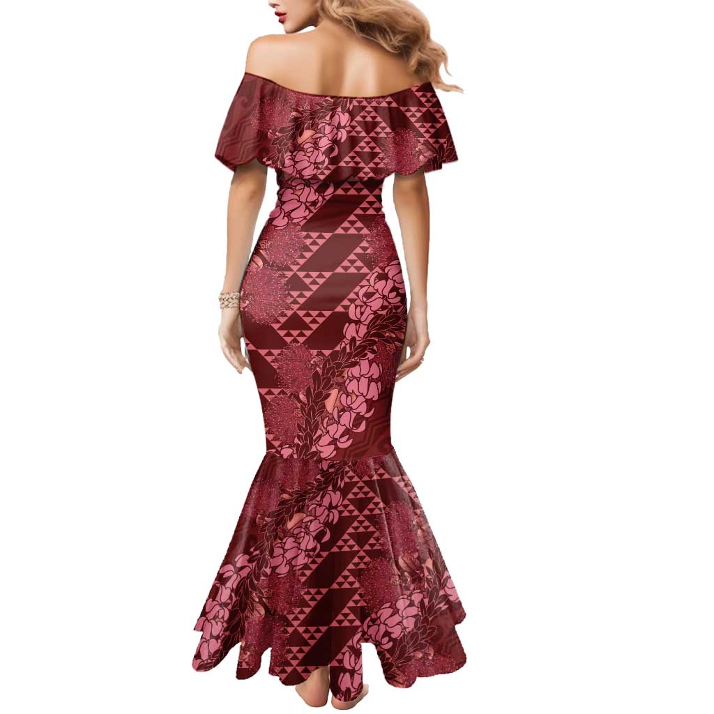 Maroon Aloha Hawaii Mermaid Dress Hawaiian Kakau Ohia Lehua Lei LT14 - Polynesian Pride