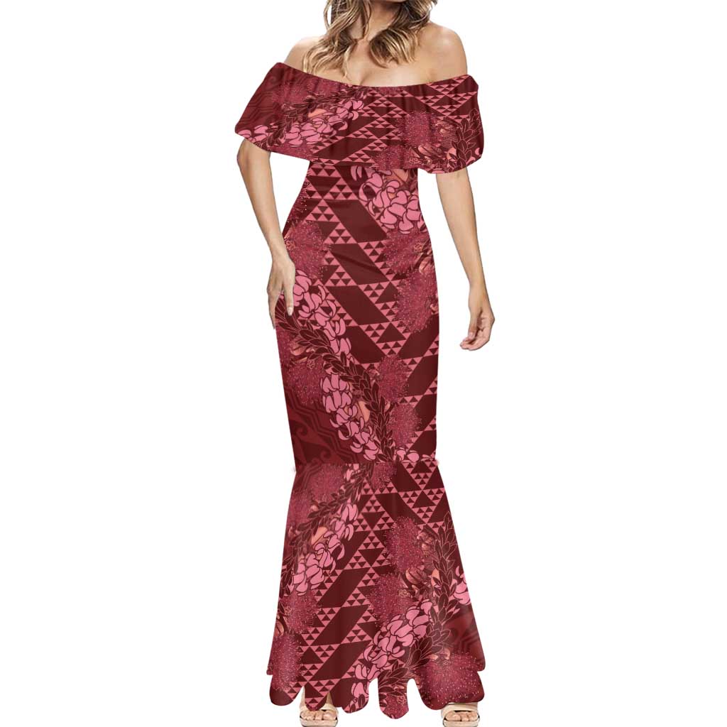 Maroon Aloha Hawaii Mermaid Dress Hawaiian Kakau Ohia Lehua Lei LT14 - Polynesian Pride