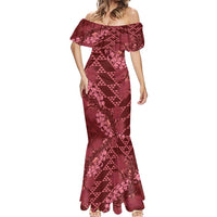Maroon Aloha Hawaii Mermaid Dress Hawaiian Kakau Ohia Lehua Lei LT14 - Polynesian Pride