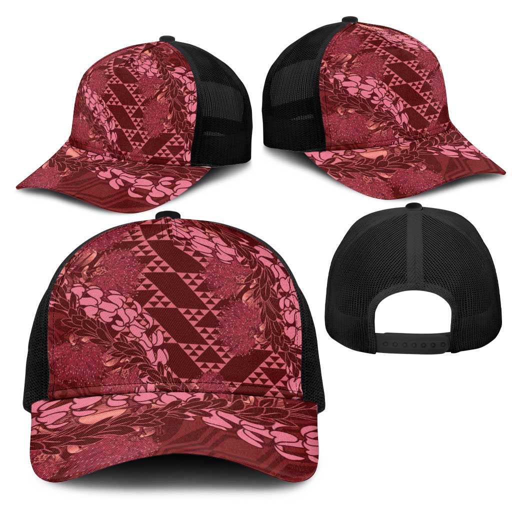 Maroon Aloha Hawaii Mesh Trucker Cap Hawaiian Kakau Ohia Lehua Lei - Polynesian Pride