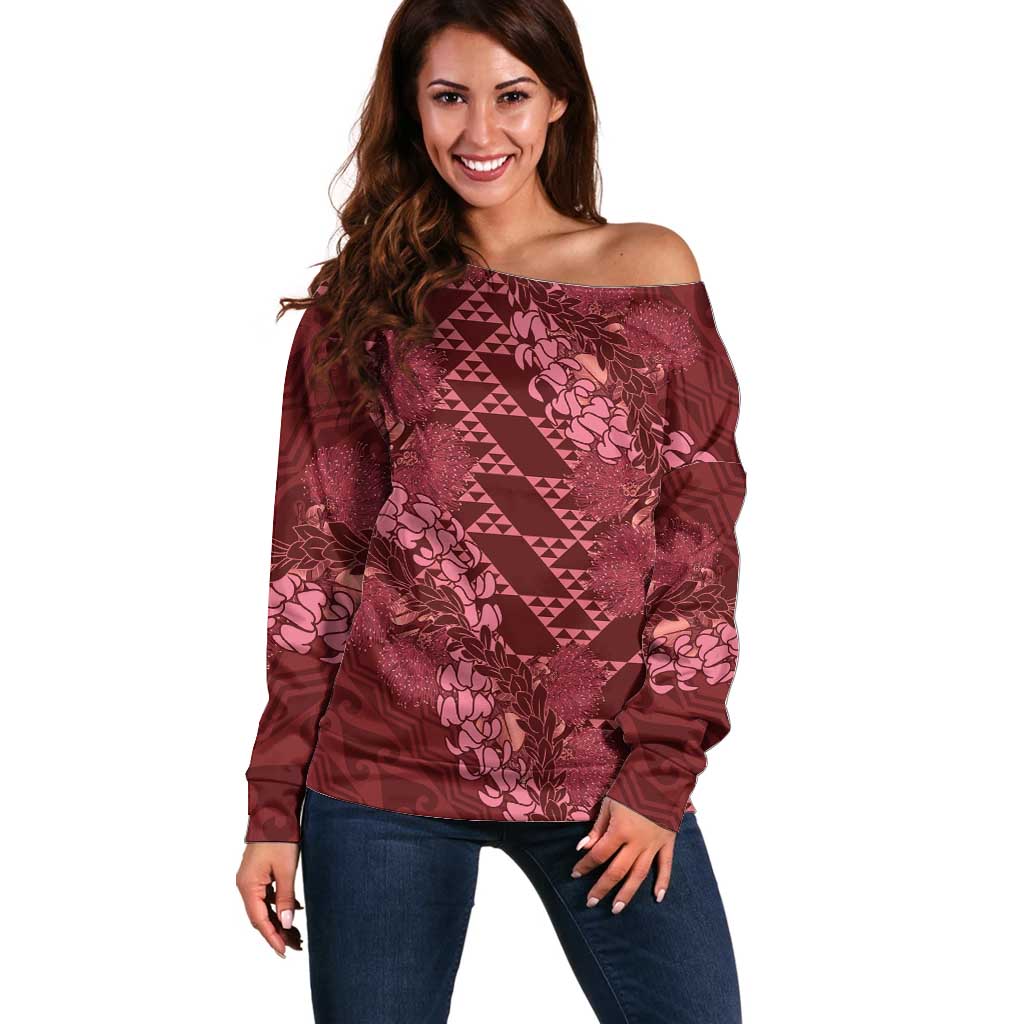 Maroon Aloha Hawaii Off Shoulder Sweater Hawaiian Kakau Ohia Lehua Lei - Polynesian Pride