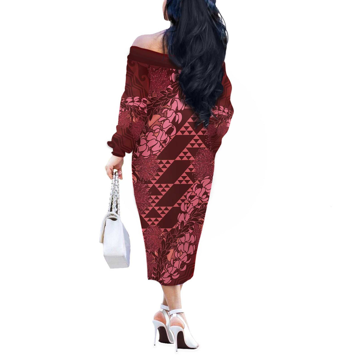 Maroon Aloha Hawaii Off The Shoulder Long Sleeve Dress Hawaiian Kakau Ohia Lehua Lei LT14 - Polynesian Pride