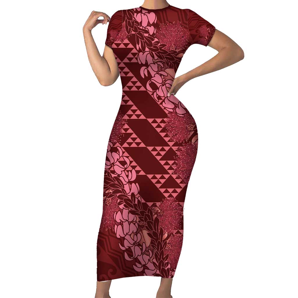 Maroon Aloha Hawaii Short Sleeve Bodycon Dress Hawaiian Kakau Ohia Lehua Lei LT14 Long Dress Maroon - Polynesian Pride