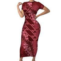 Maroon Aloha Hawaii Short Sleeve Bodycon Dress Hawaiian Kakau Ohia Lehua Lei LT14 Long Dress Maroon - Polynesian Pride