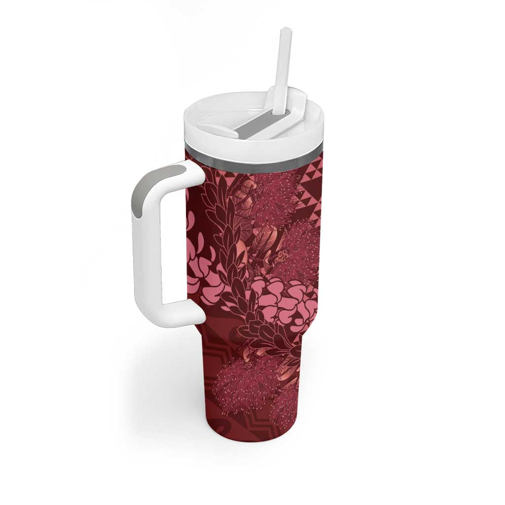 Maroon Aloha Hawaii Tumbler With Handle Hawaiian Kakau Ohia Lehua Lei - Polynesian Pride