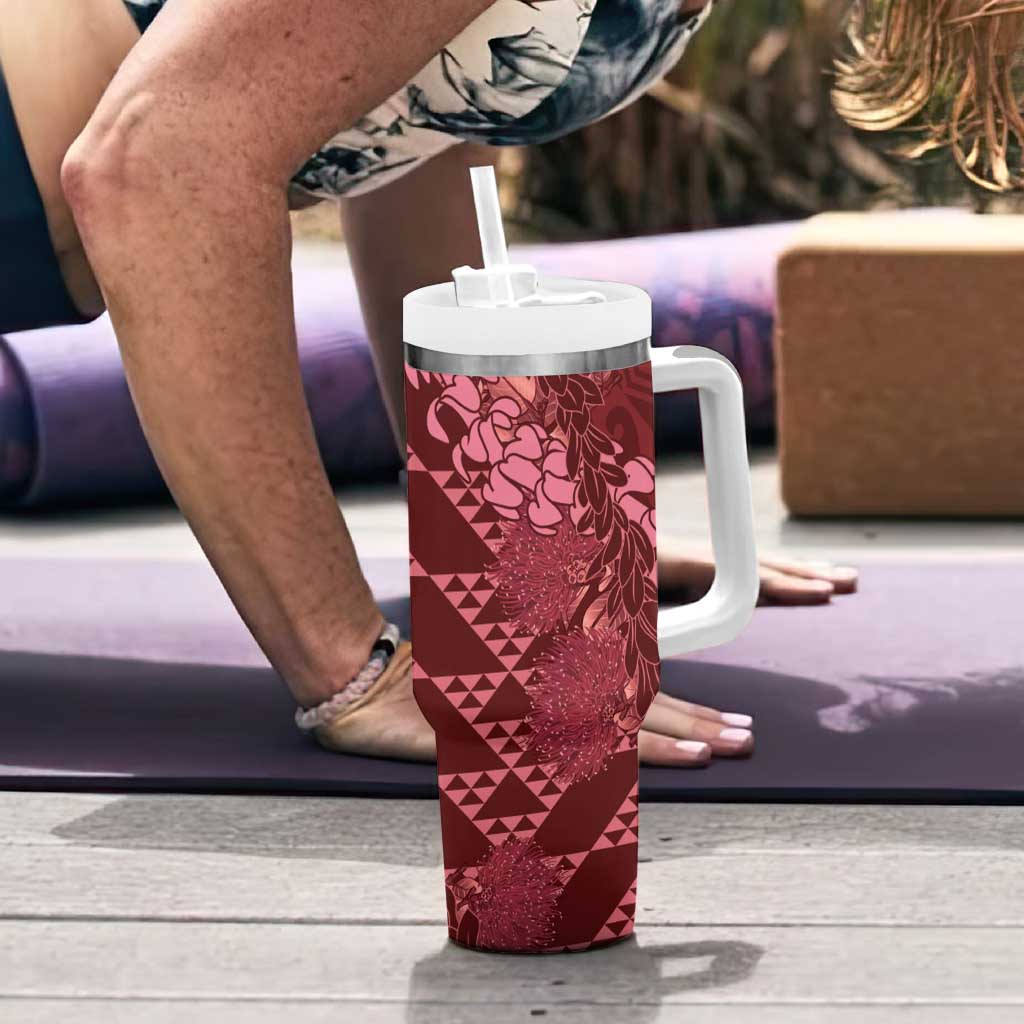 Maroon Aloha Hawaii Tumbler With Handle Hawaiian Kakau Ohia Lehua Lei - Polynesian Pride