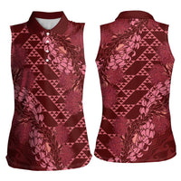 Maroon Aloha Hawaii Women Sleeveless Polo Shirt Hawaiian Kakau Ohia Lehua Lei LT14 - Polynesian Pride