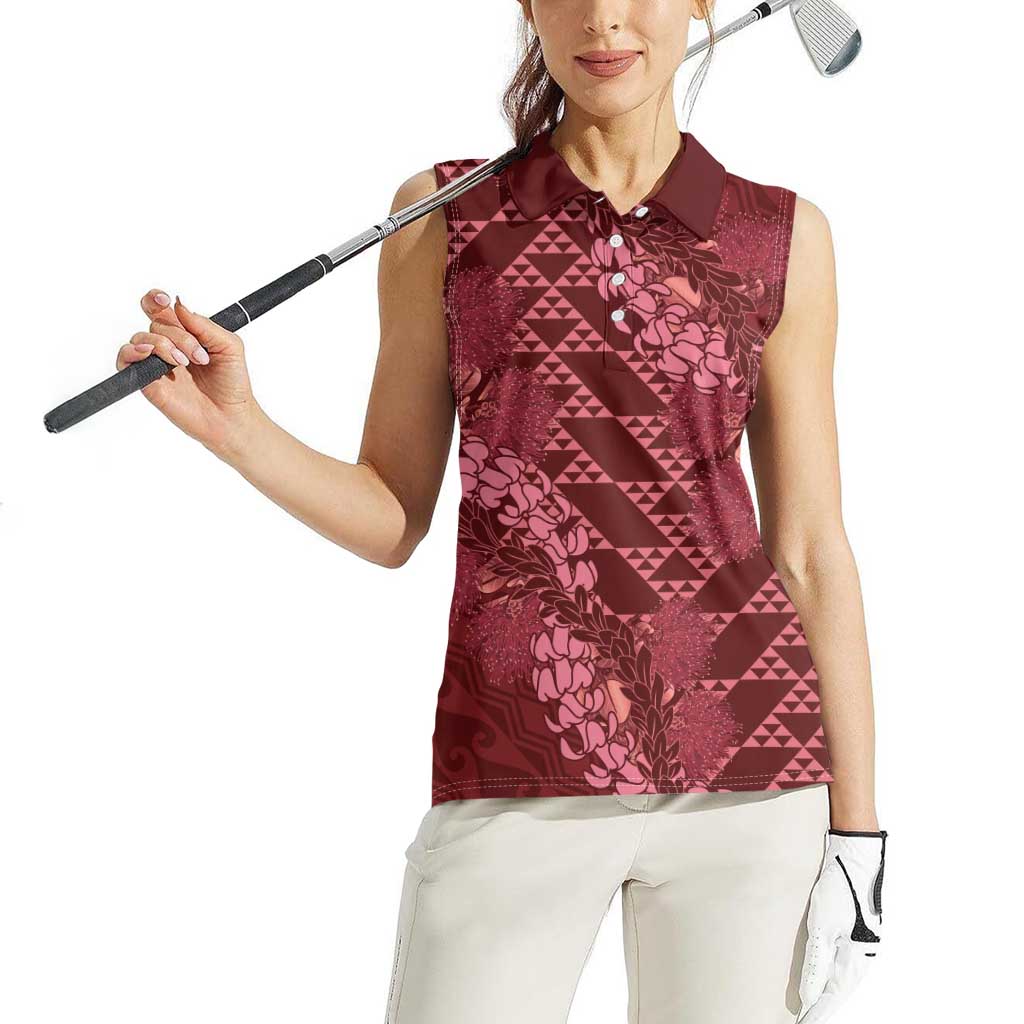 Maroon Aloha Hawaii Women Sleeveless Polo Shirt Hawaiian Kakau Ohia Lehua Lei LT14 - Polynesian Pride