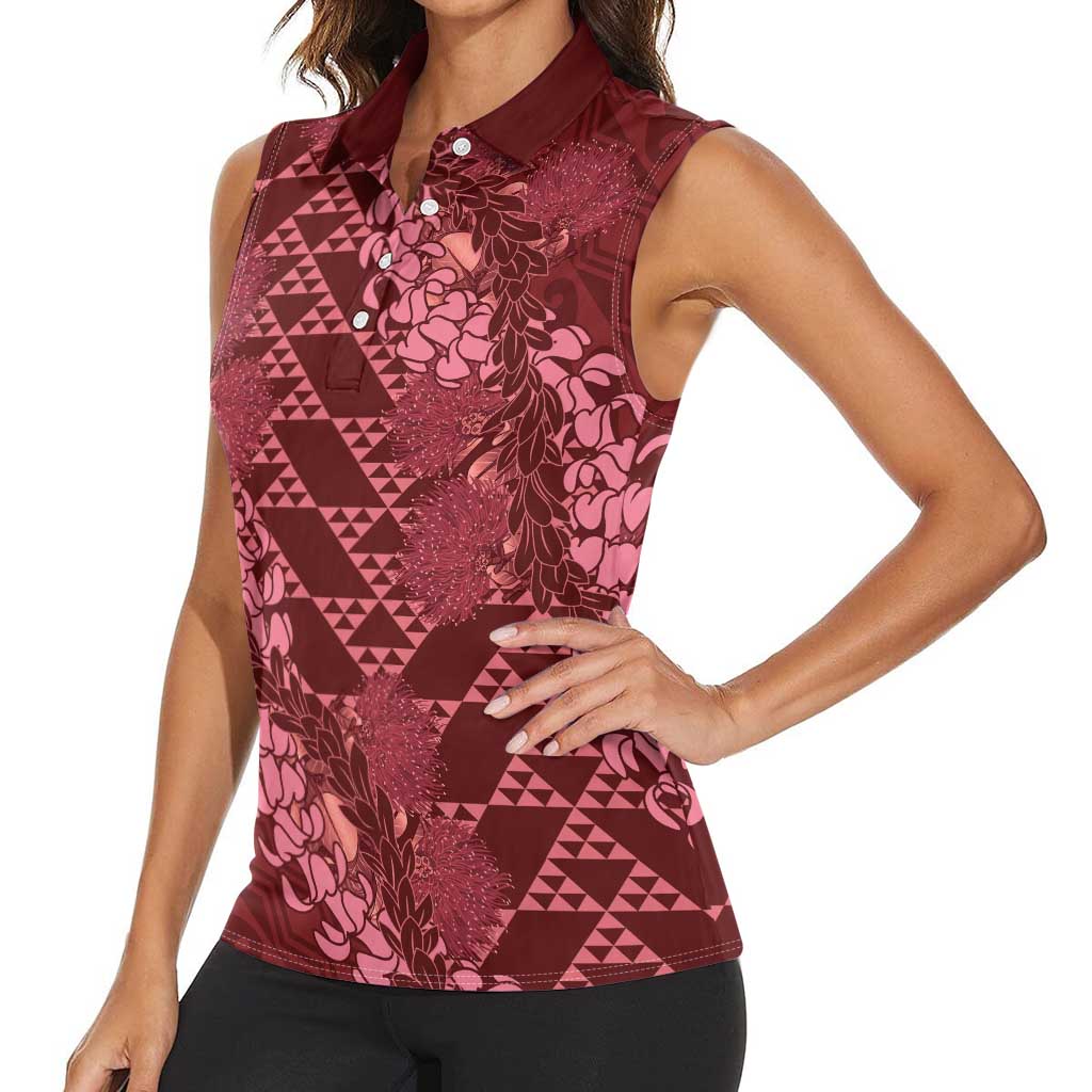 Maroon Aloha Hawaii Women Sleeveless Polo Shirt Hawaiian Kakau Ohia Lehua Lei LT14 - Polynesian Pride