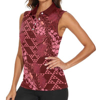 Maroon Aloha Hawaii Women Sleeveless Polo Shirt Hawaiian Kakau Ohia Lehua Lei LT14 - Polynesian Pride