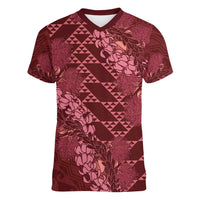 Maroon Aloha Hawaii Women V-Neck T-Shirt Hawaiian Kakau Ohia Lehua Lei LT14 Female Maroon - Polynesian Pride