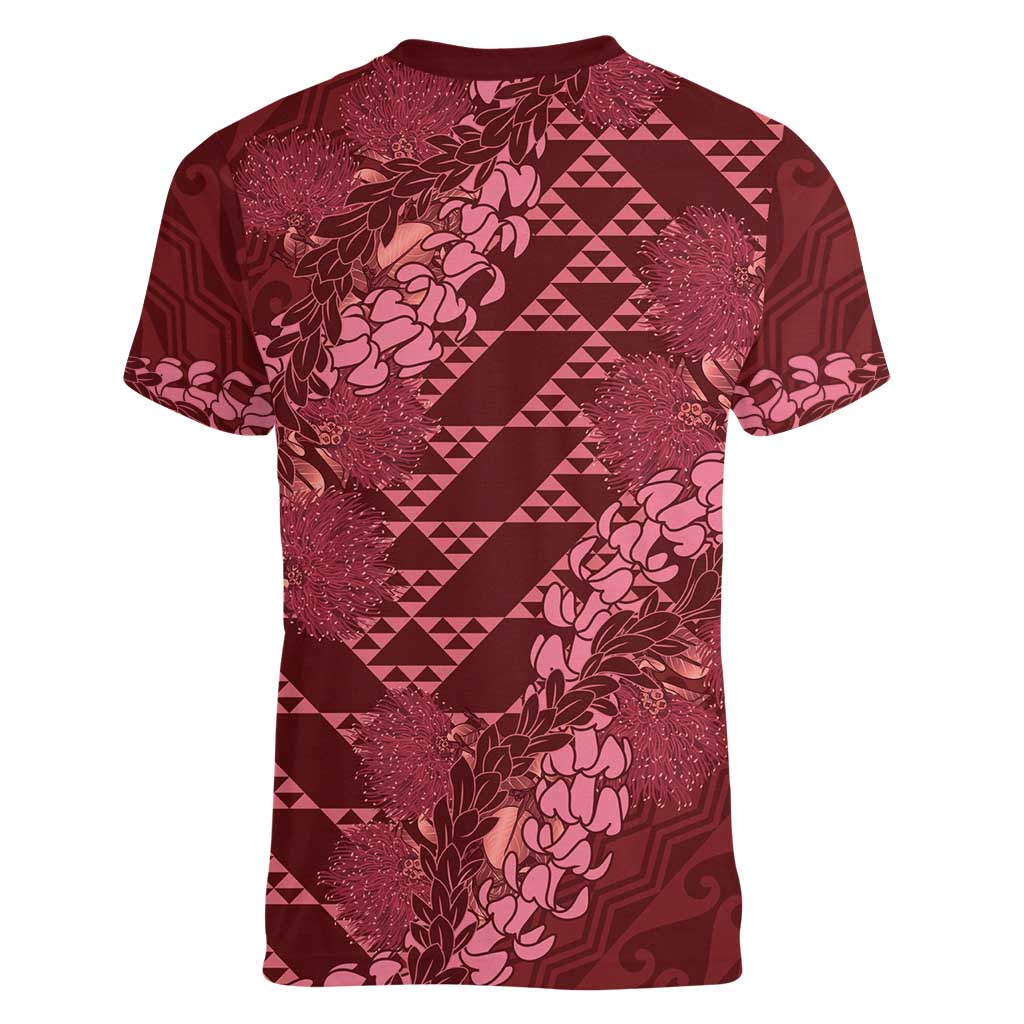 Maroon Aloha Hawaii Women V-Neck T-Shirt Hawaiian Kakau Ohia Lehua Lei LT14 - Polynesian Pride