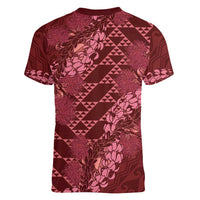 Maroon Aloha Hawaii Women V-Neck T-Shirt Hawaiian Kakau Ohia Lehua Lei LT14 - Polynesian Pride