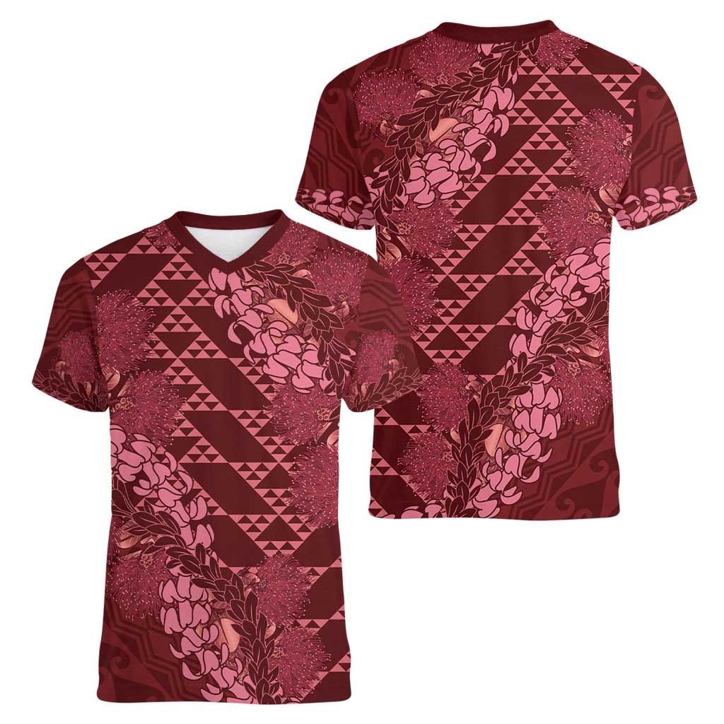 Maroon Aloha Hawaii Women V-Neck T-Shirt Hawaiian Kakau Ohia Lehua Lei LT14 - Polynesian Pride