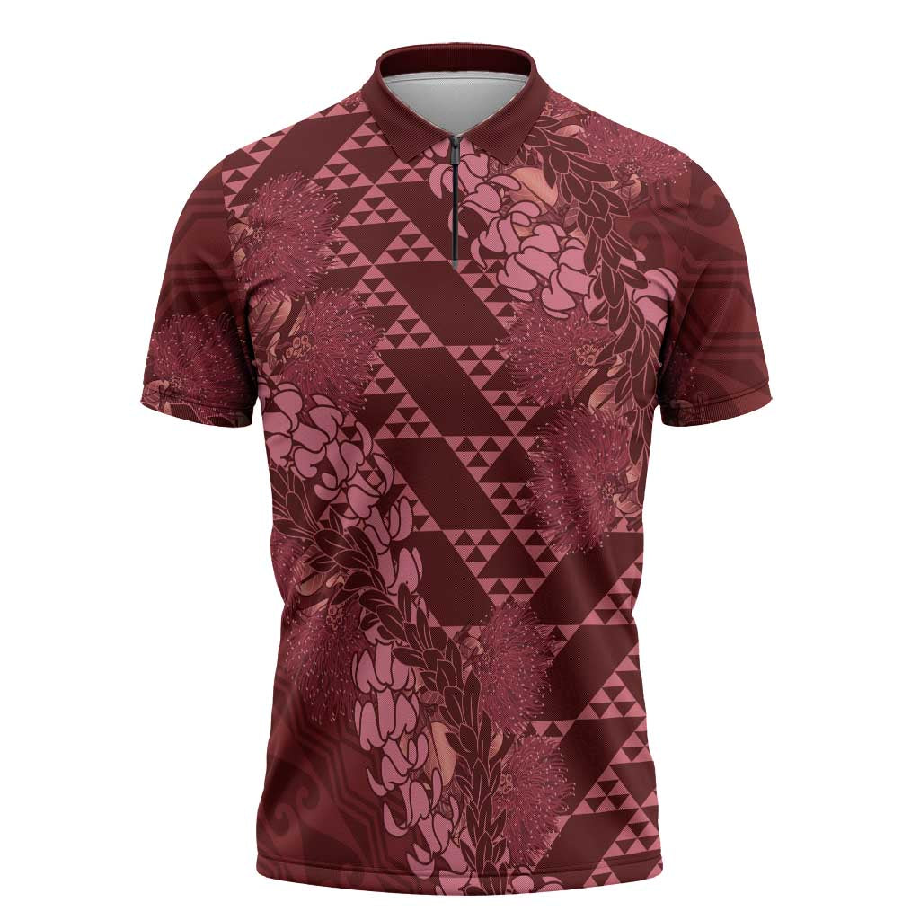 Maroon Aloha Hawaii Zipper Polo Shirt Hawaiian Kakau Ohia Lehua Lei LT14 Maroon - Polynesian Pride