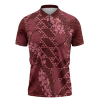 Maroon Aloha Hawaii Zipper Polo Shirt Hawaiian Kakau Ohia Lehua Lei LT14 Maroon - Polynesian Pride