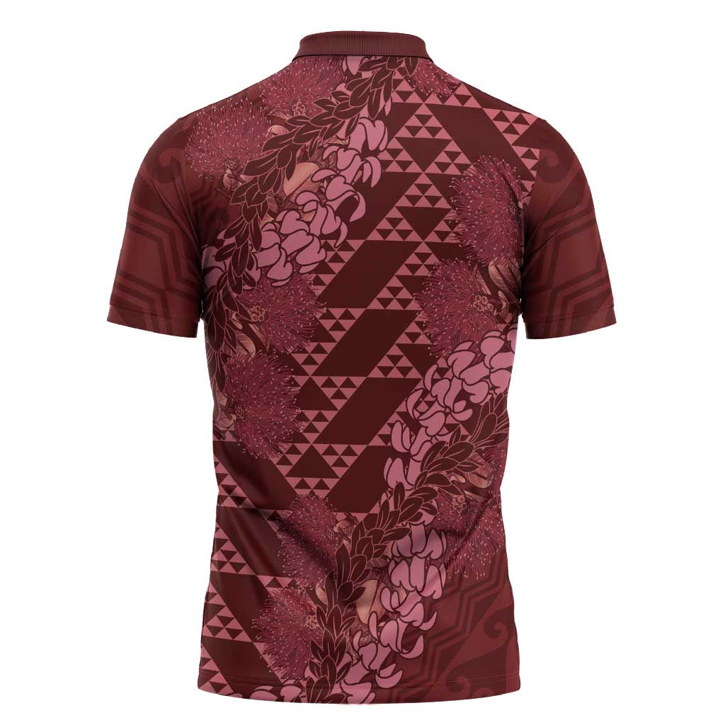 Maroon Aloha Hawaii Zipper Polo Shirt Hawaiian Kakau Ohia Lehua Lei LT14 - Polynesian Pride