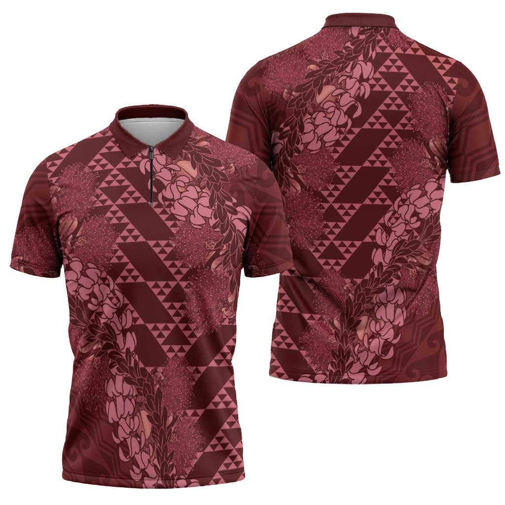 Maroon Aloha Hawaii Zipper Polo Shirt Hawaiian Kakau Ohia Lehua Lei LT14 - Polynesian Pride