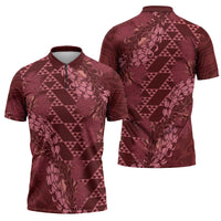 Maroon Aloha Hawaii Zipper Polo Shirt Hawaiian Kakau Ohia Lehua Lei LT14 - Polynesian Pride