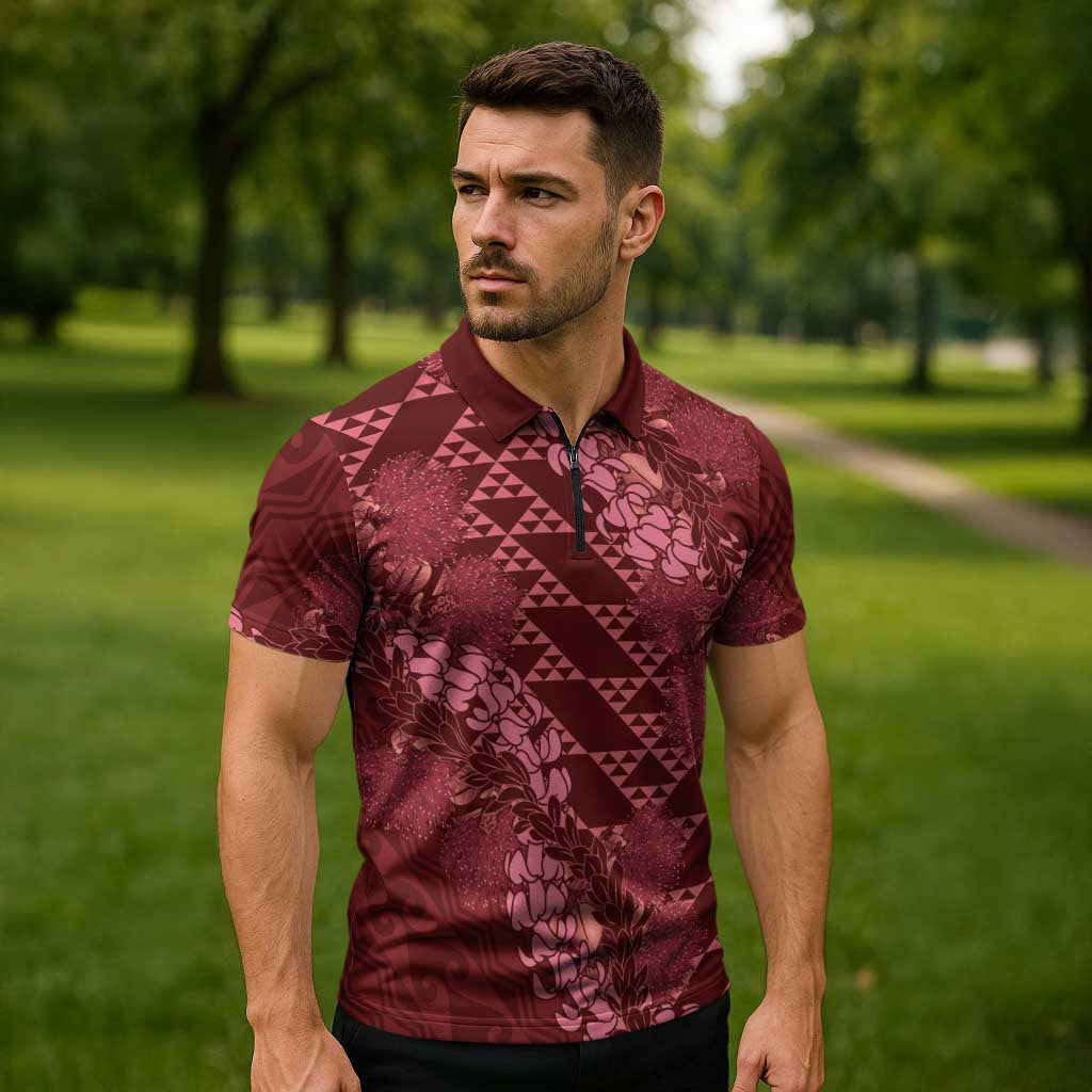 Maroon Aloha Hawaii Zipper Polo Shirt Hawaiian Kakau Ohia Lehua Lei LT14 - Polynesian Pride