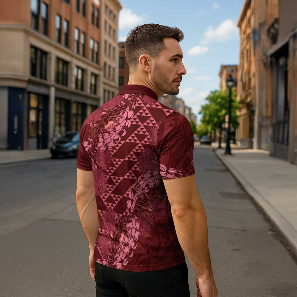 Maroon Aloha Hawaii Zipper Polo Shirt Hawaiian Kakau Ohia Lehua Lei LT14 - Polynesian Pride