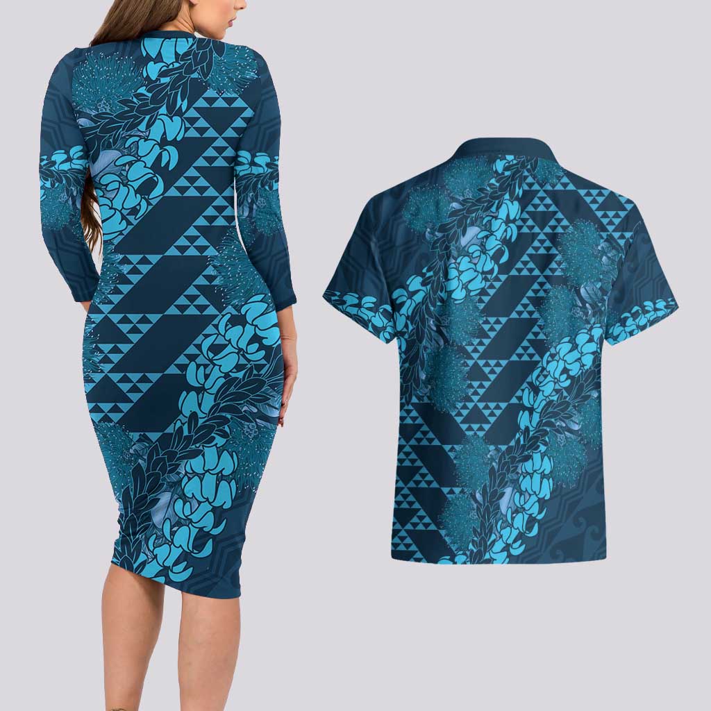 Naval Night Aloha Hawaii Couples Matching Long Sleeve Bodycon Dress and Hawaiian Shirt Hawaiian Kakau Ohia Lehua Lei LT14 - Polynesian Pride