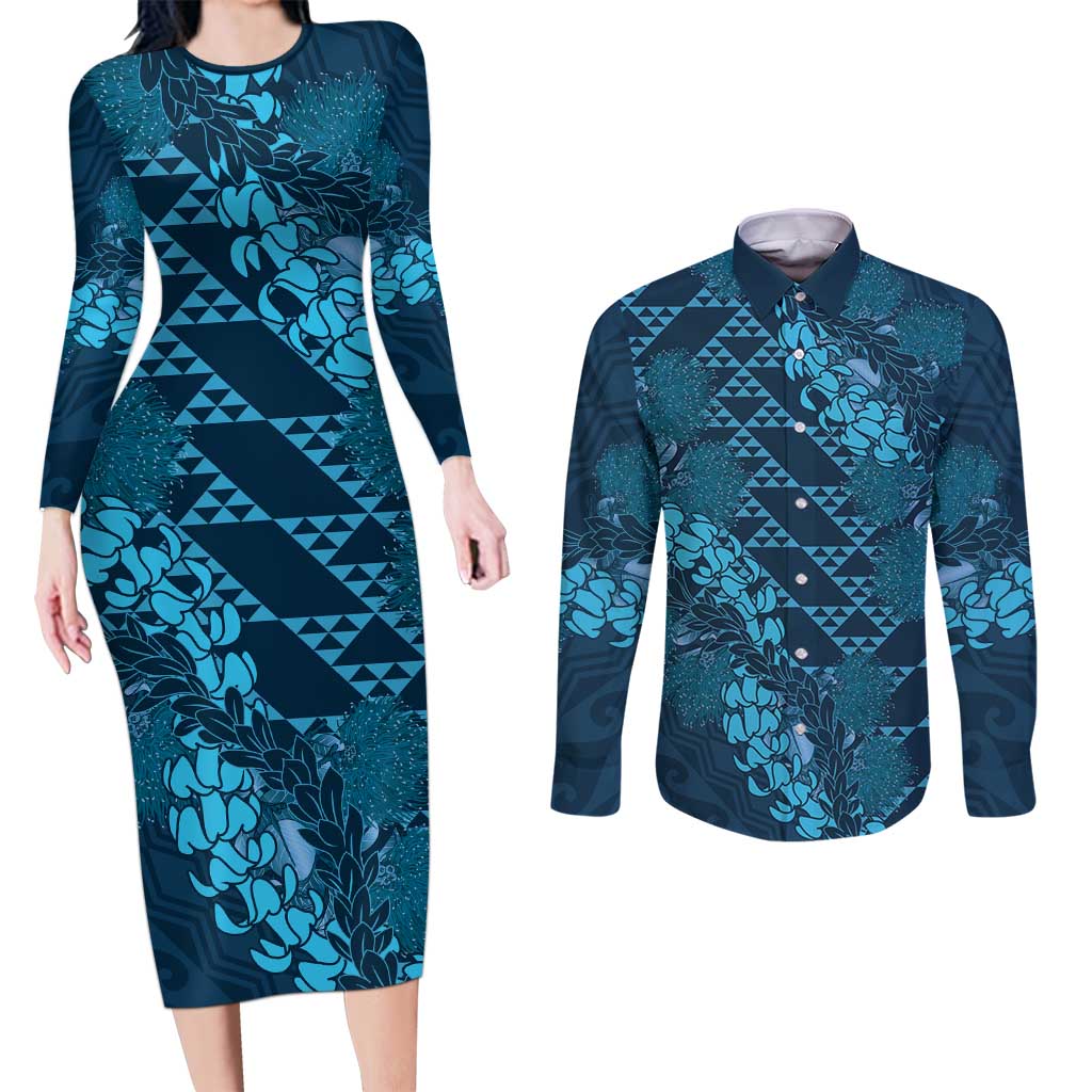 Naval Night Aloha Hawaii Couples Matching Long Sleeve Bodycon Dress and Long Sleeve Button Shirt Hawaiian Kakau Ohia Lehua Lei - Polynesian Pride