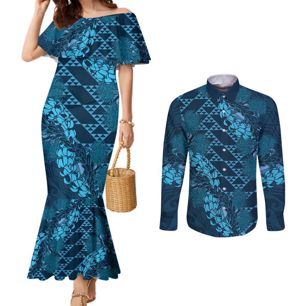 Naval Night Aloha Hawaii Couples Matching Mermaid Dress and Long Sleeve Button Shirt Hawaiian Kakau Ohia Lehua Lei - Polynesian Pride